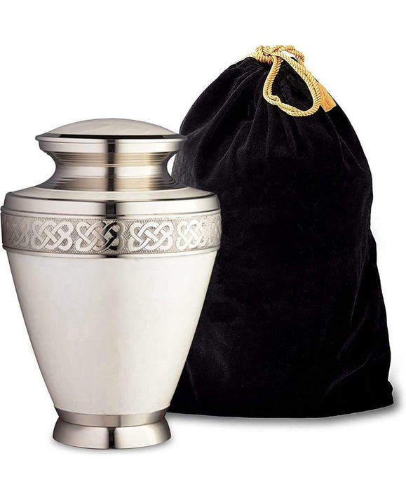 White Brass Silver Floral Handcrafted Memorial Urn for Human Ashes (11 x 7")
