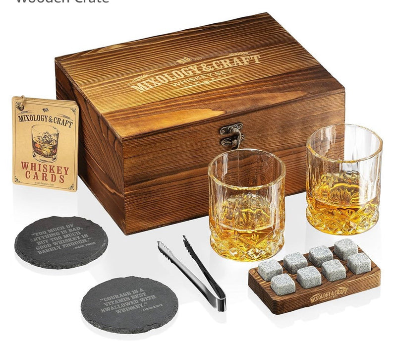 Mixology & Craft Whiskey 14PC Gift Set, 10oz Glasses and Wooded Crate Box (14pc)