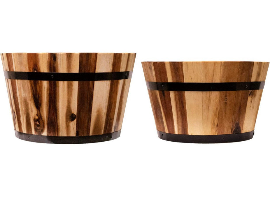 Villa Acacia Round Wooden Planters (Set of 2) 18" and 15" Whisky Barrel Planters