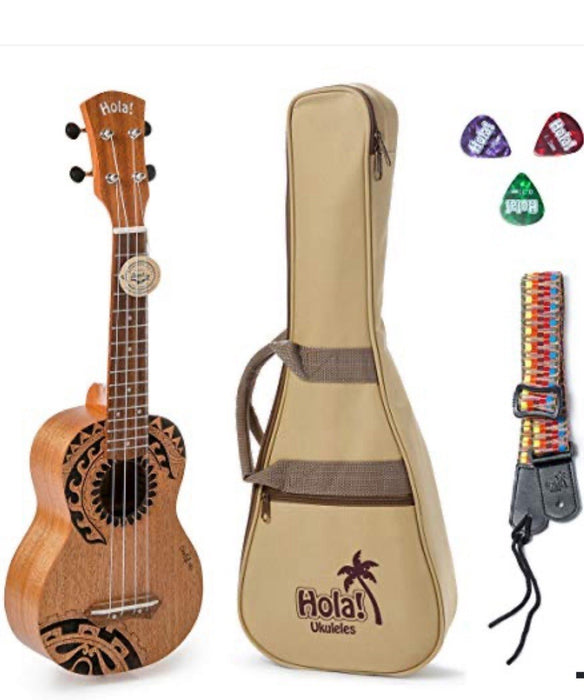 Hola! Ukulele Music Laser Engraved Mahogany Soprano Ukulele Bundle w/ Case