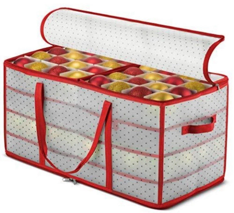 128 Christmas Ornament Plastic Storage Box w/ 2-Sided Dual-Zipper Red (26 X 13)