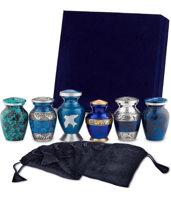 Fedmax Small Mini Keepsake Urns for Human Ashes w/ Bags (Set of 6) Blue Design