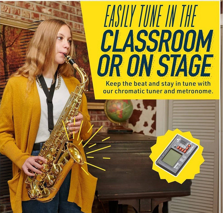 Mendini By Cecilio Alto Tenor Saxophone for Beginners Black w/ Gold Keys, Tuner