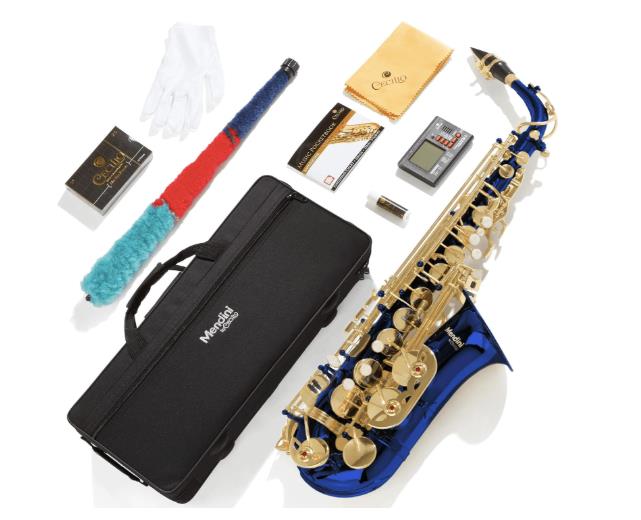 Mendini By Cecilio Alto Tenor Saxophone for Beginners Blue w/ Gold Keys, Tuner