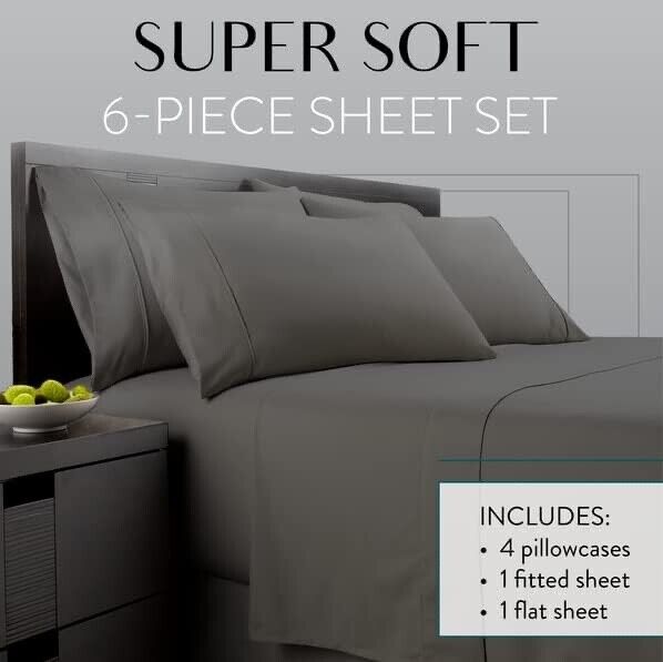Danjor Linens California King 6 PC Sheet Set Including 4 Pillowcases Gray NWT