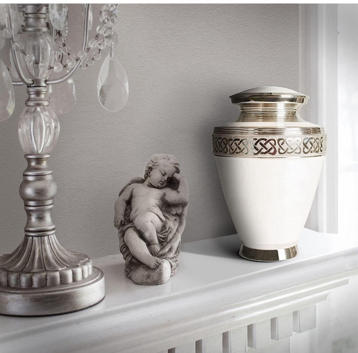 White Brass Silver Floral Handcrafted Memorial Urn for Human Ashes (11 x 7")