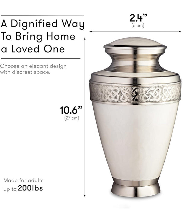 White Brass Silver Floral Handcrafted Memorial Urn for Human Ashes (11 x 7")