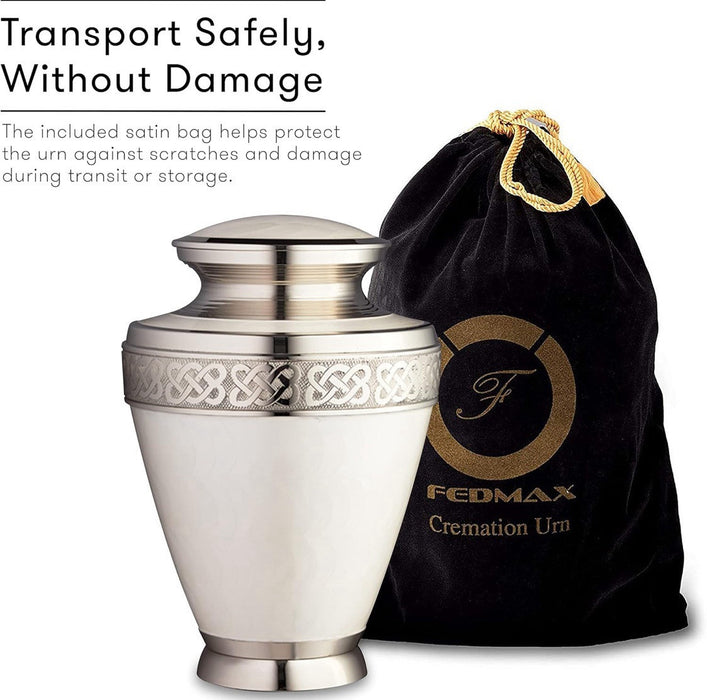 White Brass Silver Floral Handcrafted Memorial Urn for Human Ashes (11 x 7")