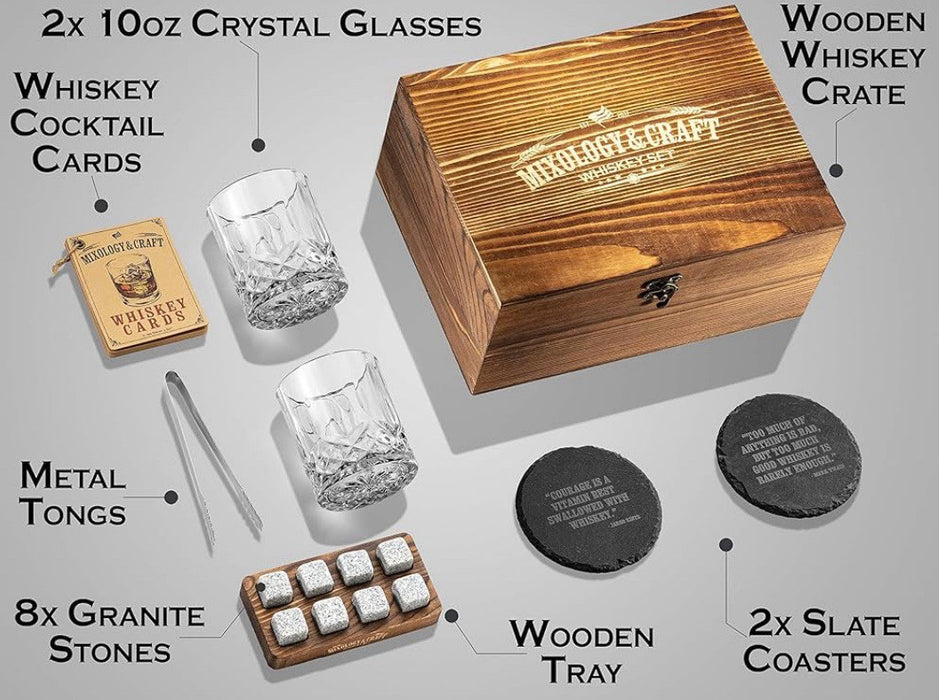 Mixology & Craft Whiskey 14PC Gift Set, 10oz Glasses and Wooded Crate Box (14pc)