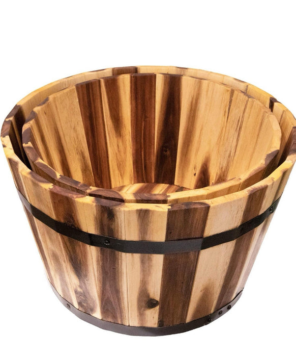Villa Acacia Round Wooden Planters (Set of 2) 18" and 15" Whisky Barrel Planters