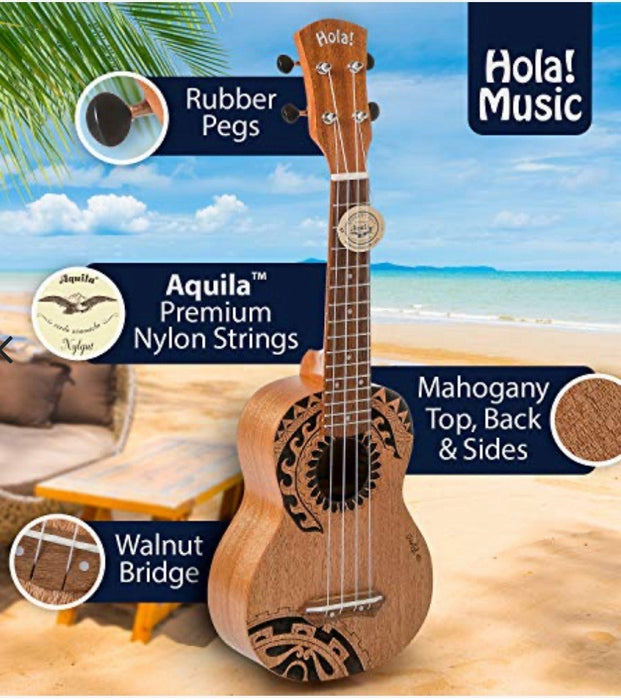 Hola! Ukulele Music Laser Engraved Mahogany Soprano Ukulele Bundle w/ Case