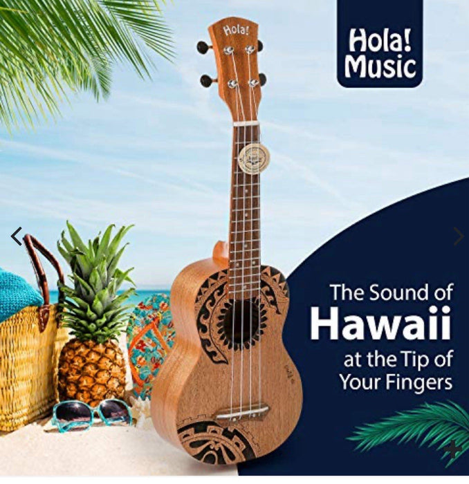 Hola! Ukulele Music Laser Engraved Mahogany Soprano Ukulele Bundle w/ Case
