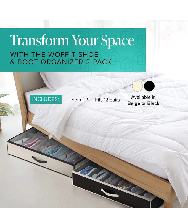 Woffit Under Bed Shoe Storage Organizer Set of 2 Containers, Each Fit 12 Shoes
