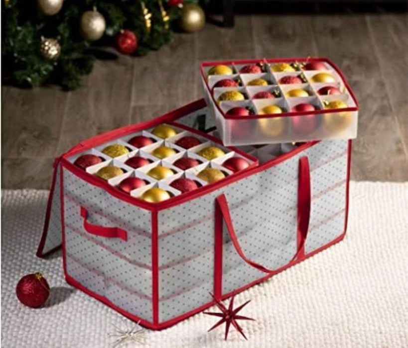 128 Christmas Ornament Plastic Storage Box w/ 2-Sided Dual-Zipper Red (26 X 13)