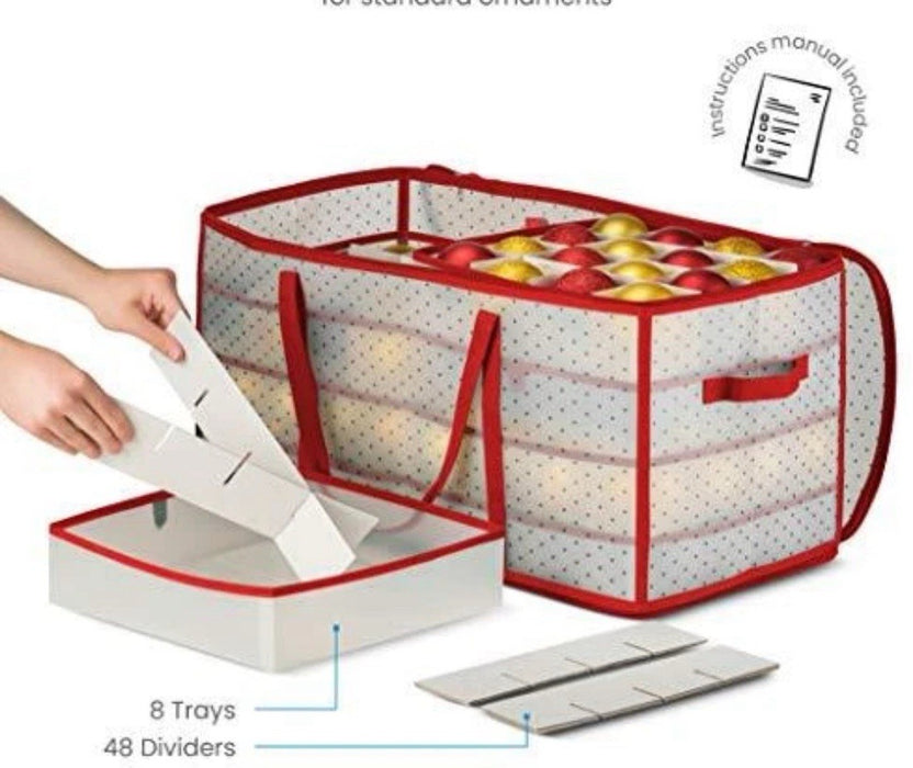 128 Christmas Ornament Plastic Storage Box w/ 2-Sided Dual-Zipper Red (26 X 13)
