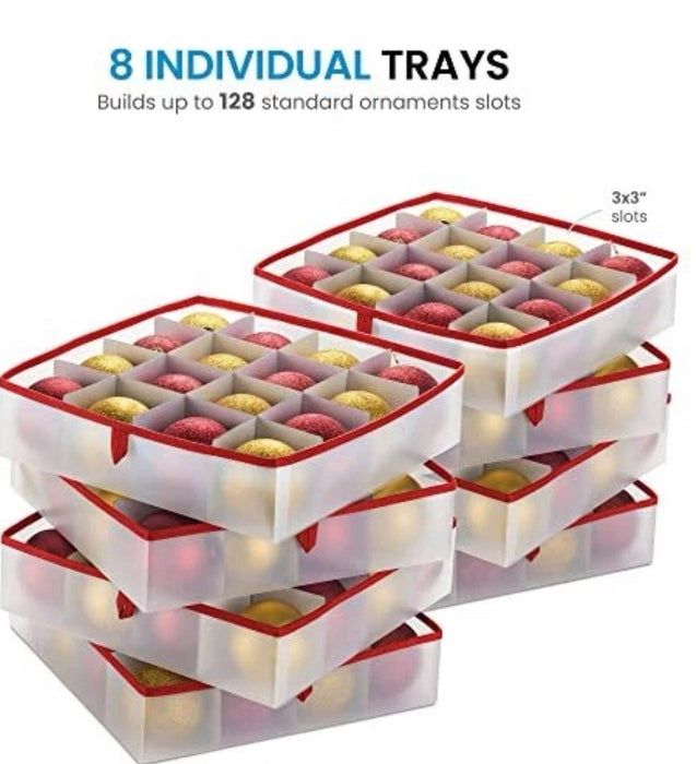 128 Christmas Ornament Plastic Storage Box w/ 2-Sided Dual-Zipper Red (26 X 13)