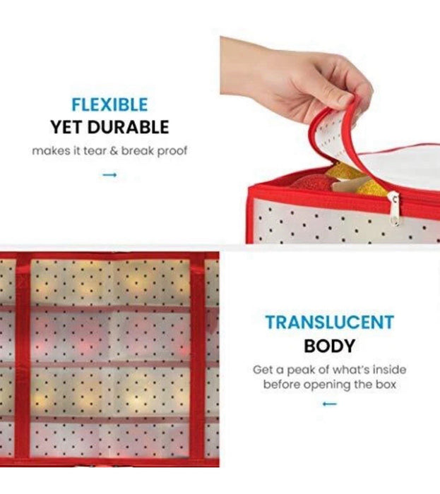 128 Christmas Ornament Plastic Storage Box w/ 2-Sided Dual-Zipper Red (26 X 13)