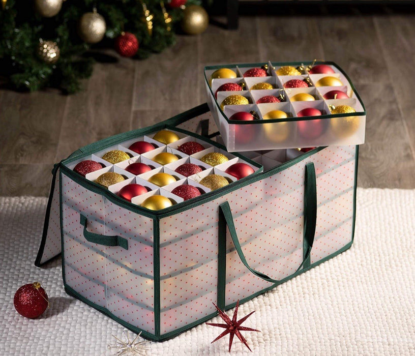 128 Christmas Ornament Plastic Storage Box w/ 2-Sided Dual-Zipper. Green
