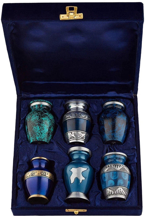 Fedmax Small Mini Keepsake Urns for Human Ashes w/ Bags (Set of 6) Blue Design