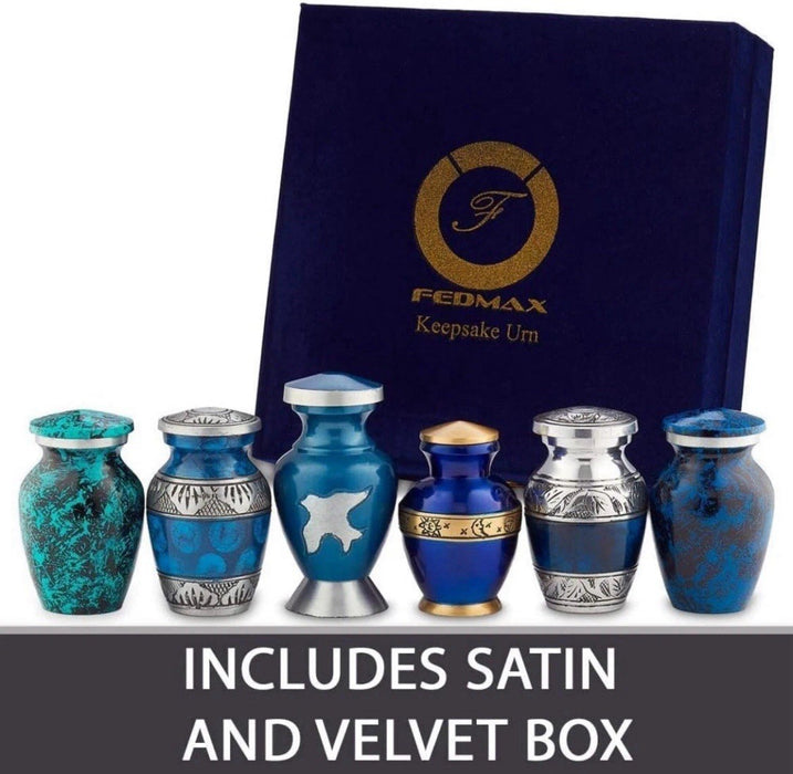 Fedmax Small Mini Keepsake Urns for Human Ashes w/ Bags (Set of 6) Blue Design