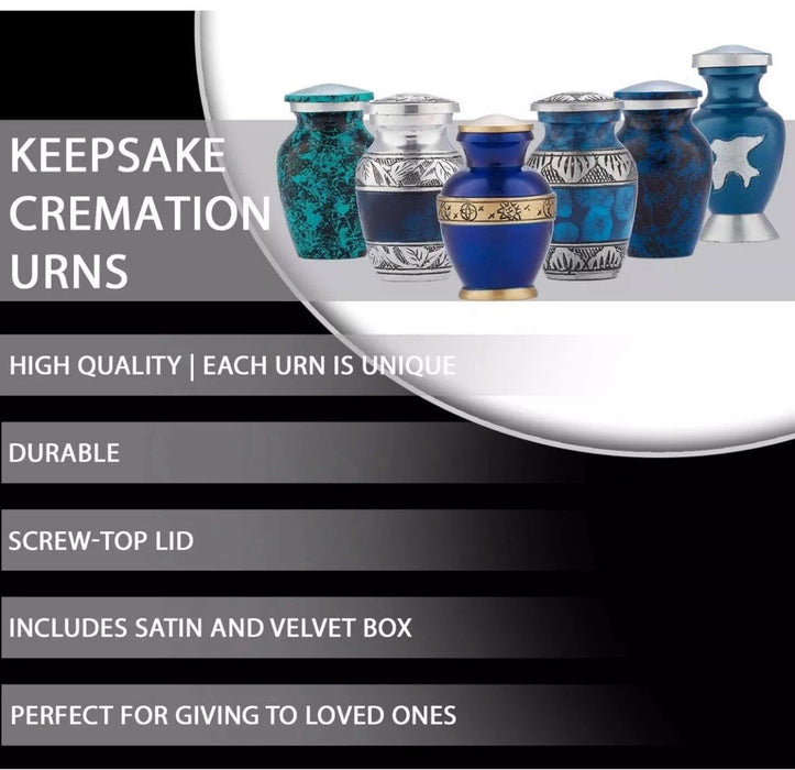 Fedmax Small Mini Keepsake Urns for Human Ashes w/ Bags (Set of 6) Blue Design