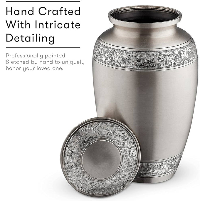 Silver Floral Finish Handcrafted Memorial Urn for Human Ashes (11 x 7")