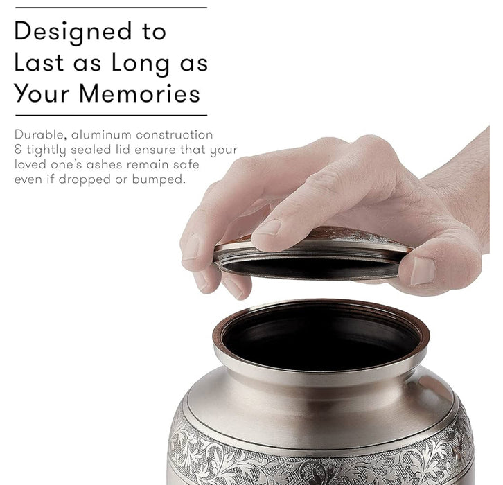 Silver Floral Finish Handcrafted Memorial Urn for Human Ashes (11 x 7")