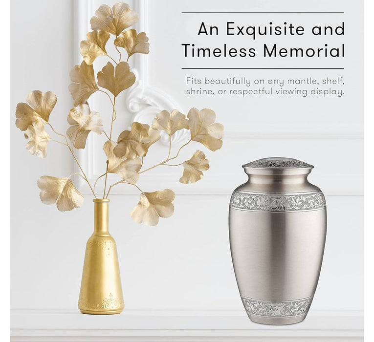 Silver Floral Finish Handcrafted Memorial Urn for Human Ashes (11 x 7")