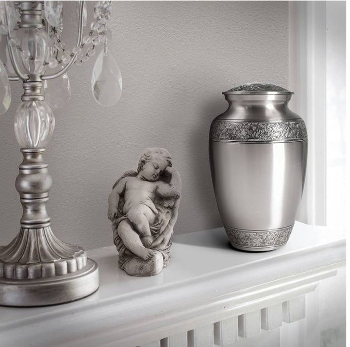Silver Floral Finish Handcrafted Memorial Urn for Human Ashes (11 x 7")