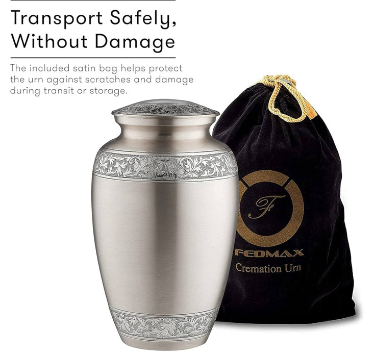 Silver Floral Finish Handcrafted Memorial Urn for Human Ashes (11 x 7")